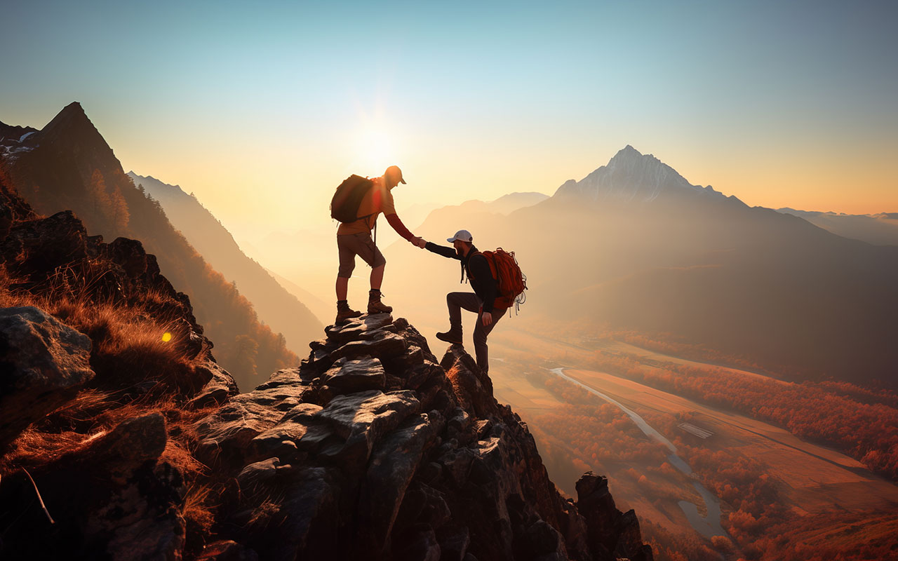 Zwei Bergsteiger helfen sich gegenseitig auf einem Gipfel bei Sonnenuntergang. Einer reicht dem anderen die Hand, um ihm beim Klettern zu helfen, mit einem atemberaubenden Blick auf das Tal und die Berge im Hintergrund, die in warmes goldenes Licht getaucht sind.